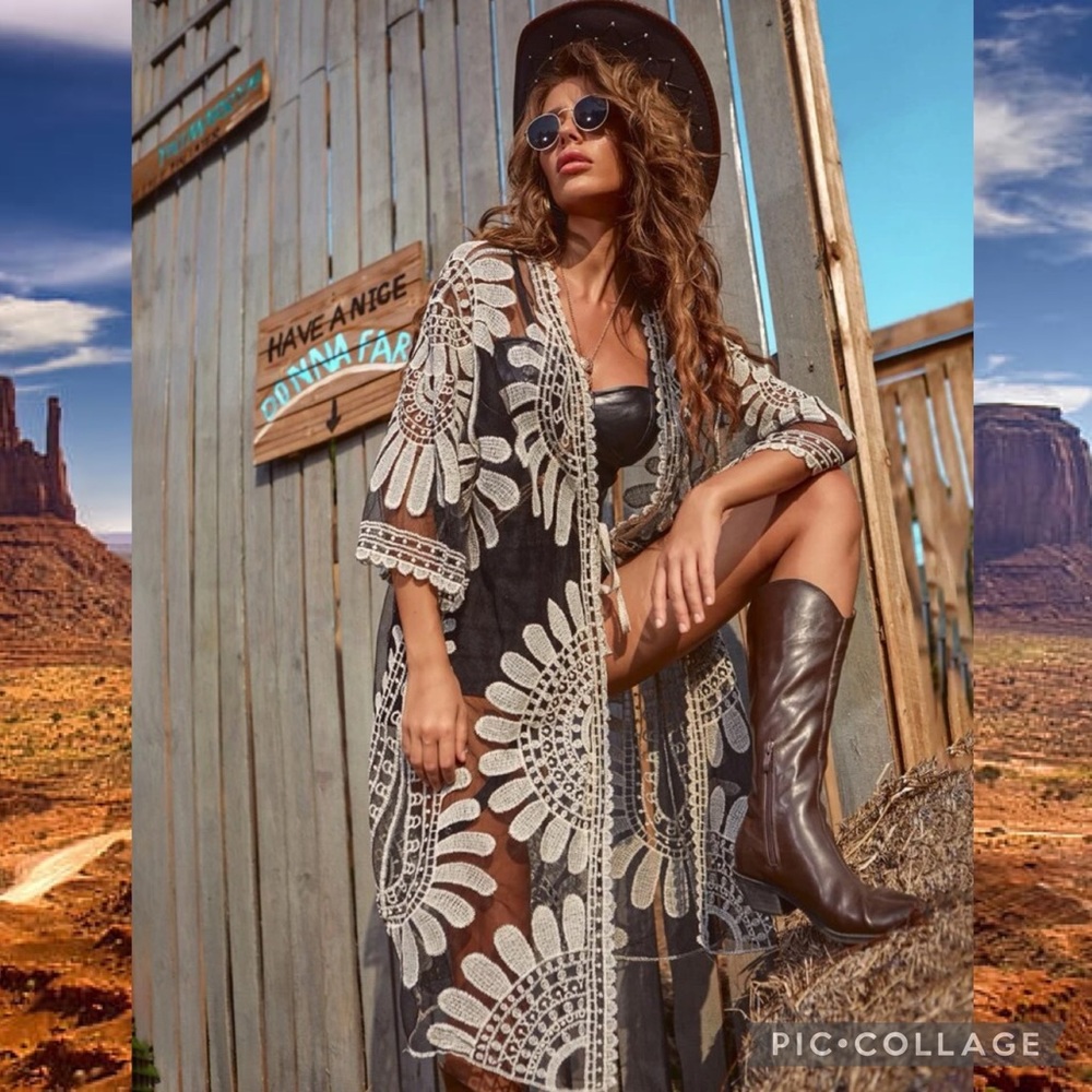Boho Western Gypsy Black & White Embroidered Front Tie Kimono Duster One Size